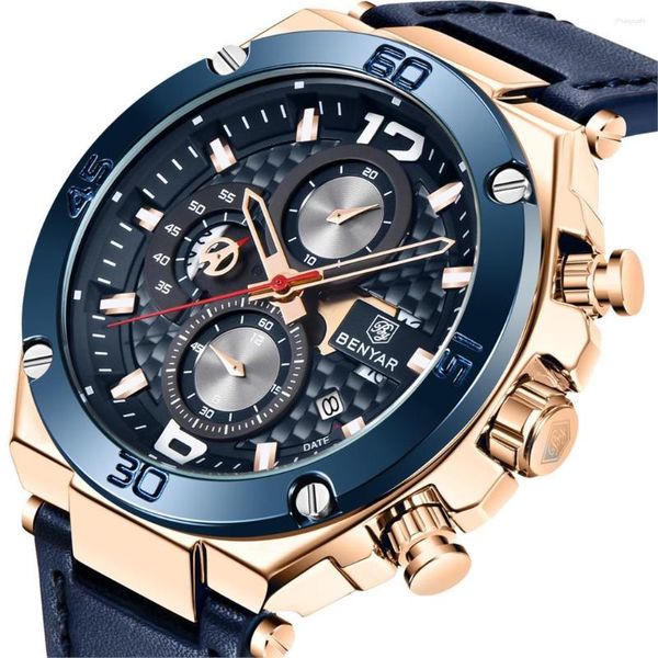 

wristwatches benyar 2023 men watch quartz multifunction sport chronograph 30m waterproof wrist clock relogio masculino, Slivery;brown