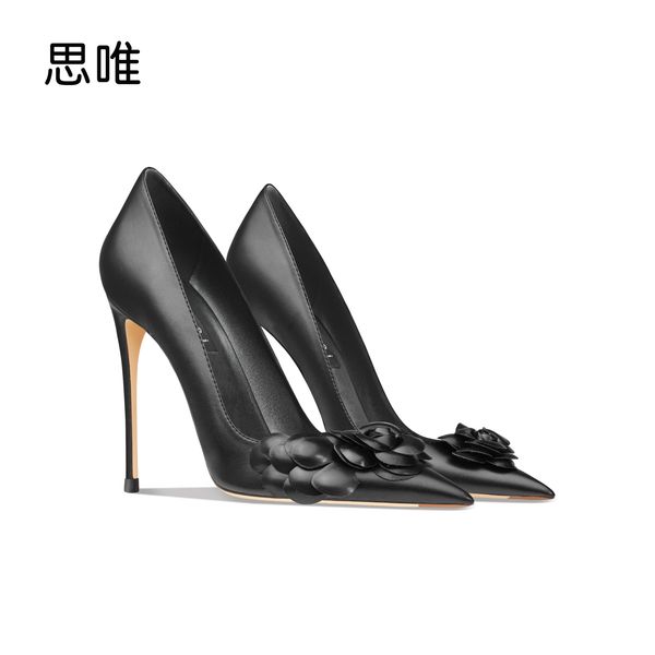 

2023 star style luxury black flower leather shoes for women luxury brand pointed high heels 8cm ladies weddin pumps 8cm10cm