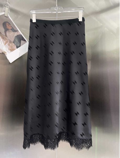 

elegant women dresses summer designer skirts full printed letters flocking high waist black lace edge half long skirt womens slim clothing 5