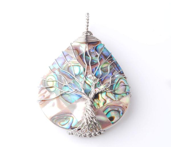 

wojiaer tree of life silver wire wrap water drop bead necklace pendant natural abalone shell jewelry chain 18 inch w93085749582