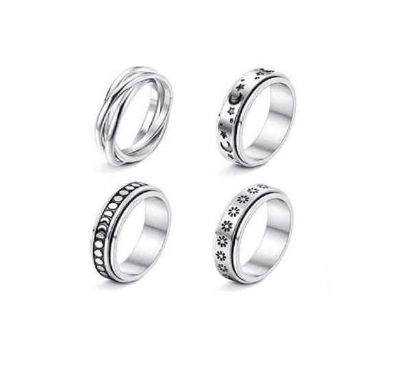 

2022 fashion retro hip hop punk ring geometry stars moon flowers glossy men039s and women039s rotating rings jewelry gifts2717454, Silver