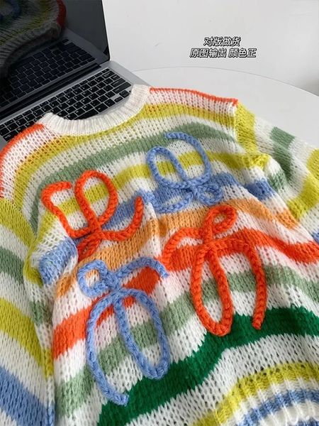 

women's sweaters long sleeve mohair vintage sweater woman winter 2023 crewneck wool rainbow stripe knit pullover design clothing, White;black