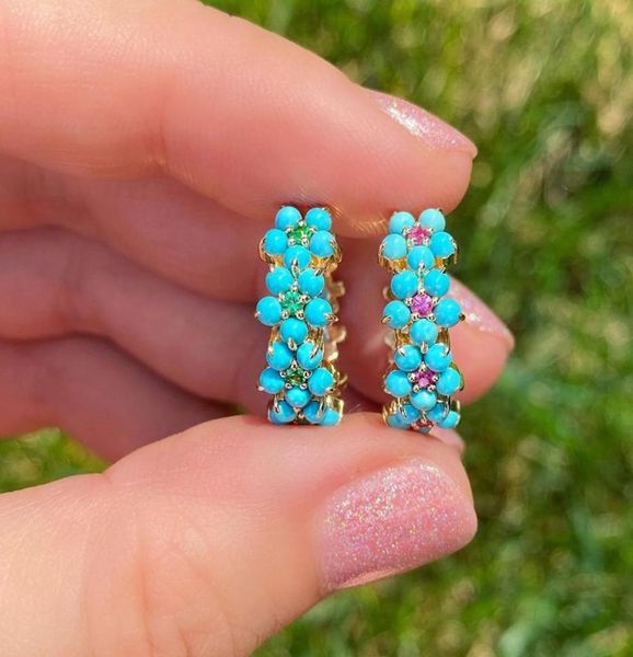 

2021 spring new fashion women jewelry gold color prong set blue turquoises stone flower hoop earring8954222, Golden;silver