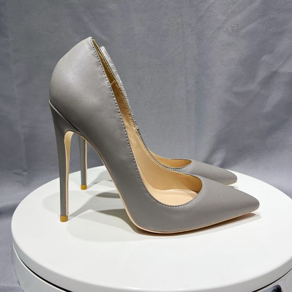 

grey leather soft female shoes 10cm pointy toe stiletto high heel ladies dress women pumps plus size 33-45, Black