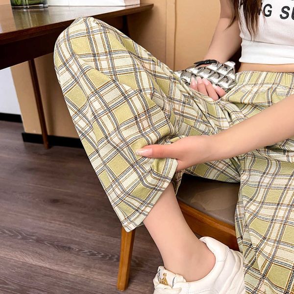 

checkered children summer, thin, loose, straight tube, slim versatile casual pants, high waisted and draped, new wide leg for women, Black;white