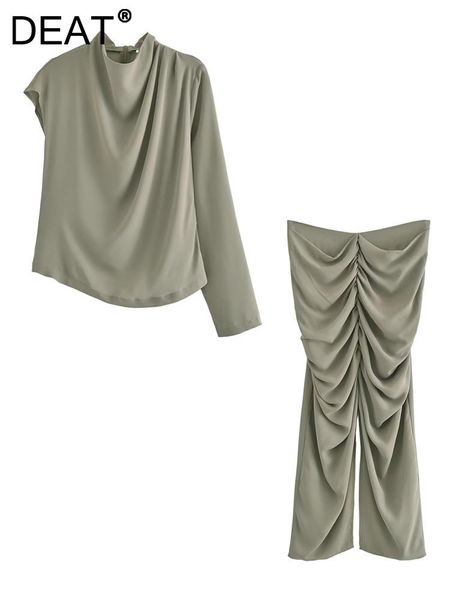 

dress deat 2022 new autumn and winter full sleeves turtleneck pullover asymmetrical and pleated high waist skirt set wy93206l, White