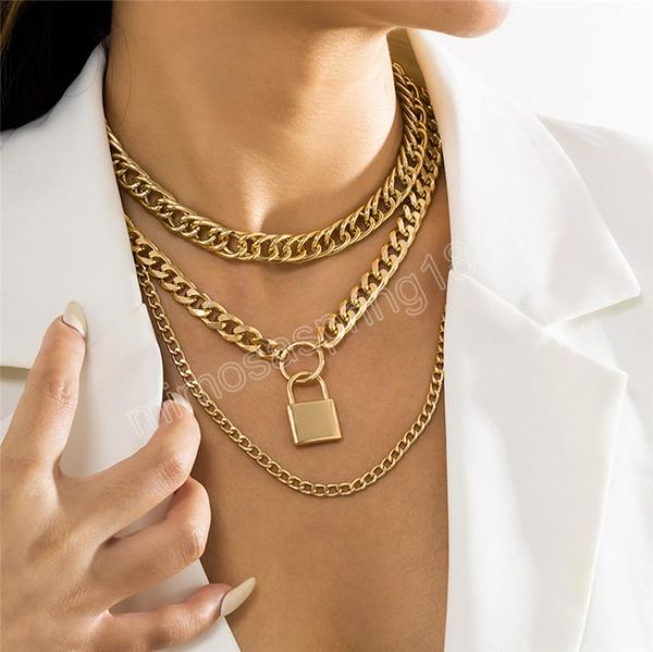 

vintage chunky chain necklace for women men multilayer lock pendant choker grunge jewelry accessories8089763, Silver