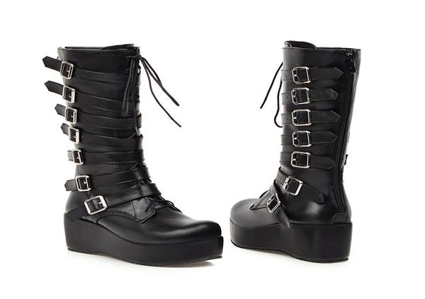 

ymechic winter gothic punk womens platform boots black buckle strap lace up creeper wedges shoes mid calf military combat boots5881591