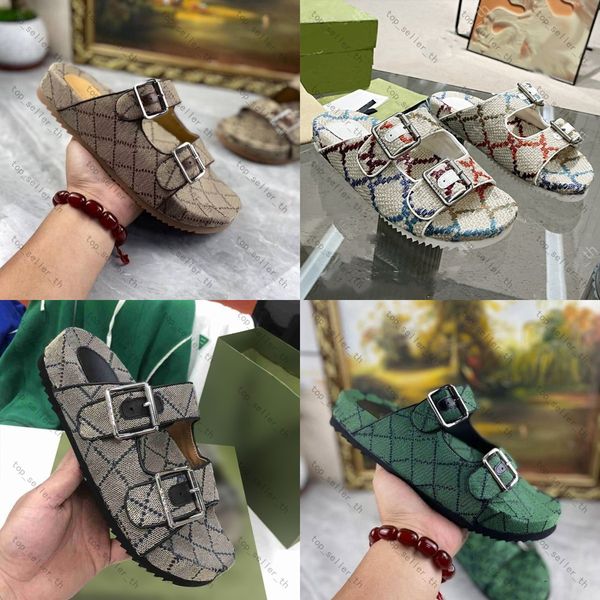 

designer sandals g double banded sandal men denim fabric slippers cotton rubber slides summer mules thick bottom slipper tweed slide with bo, Black