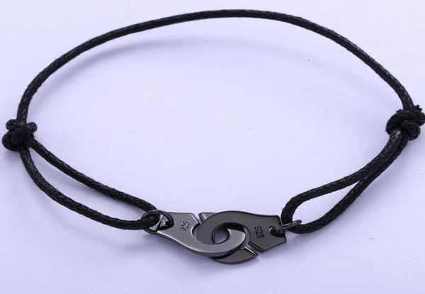 

925 sterling silver black rope menottes handcuffs bracelet for women ps10163500900