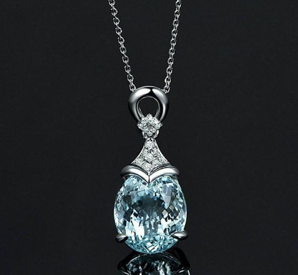 

blue crystal water drop pendant necklace fashion trend wedding engagement party women clavicle chain jewelry3243084, Silver