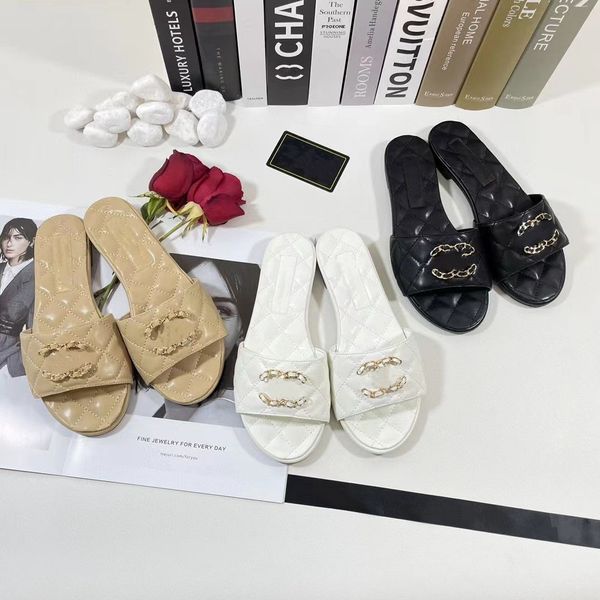 

women designer slippers summer luxury slippers linger chain black and white apricot leather sandals outdoor beach beach home flat bottom wom