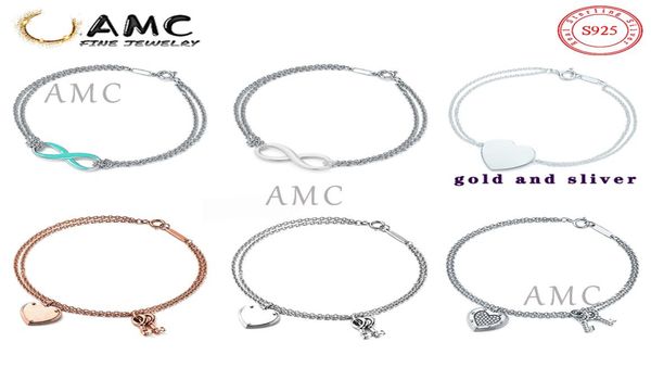 

gift box amc925 sterling silver double chain love bracelet limited symbol loves key bracelet jewelry classic fashion 4545197, Golden;silver
