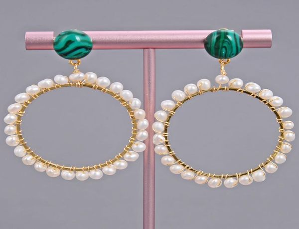 

guaiguai jewelry green malachite gold color big circle hoop stud earrings handmade for women real gems stone lady fashion jewellry8512435, Silver