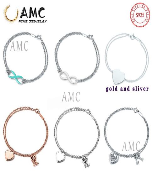 

gift box amc925 sterling silver double chain love bracelet limited symbol loves key bracelet jewelry classic fashion 6371260, Golden;silver