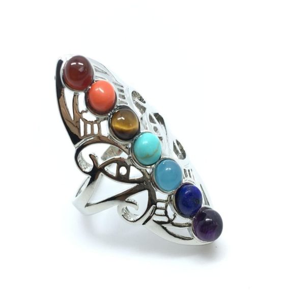

vintage 7 chakra stones yoga ring hollow silver plated adjustable thumb ring reiki jewelry7231111