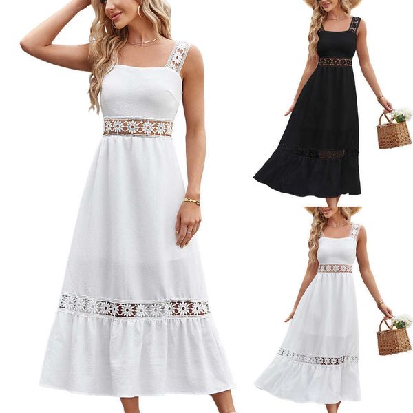 

2023 new solid color cut-out lace patchwork square neck sleeveless sling maxi women dress fashions long sleeves dresses woman, Black;gray