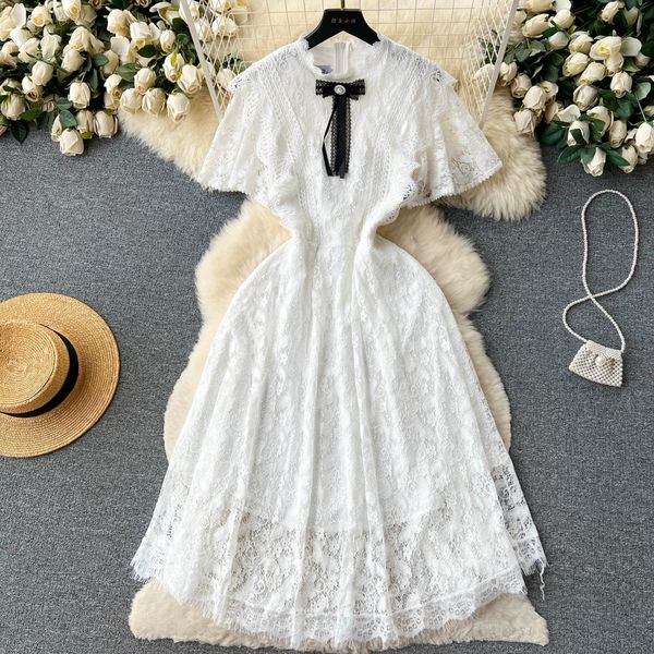 

luxury and luxurious high-end round neck short sleeved lace hook flower dress with a waist down showing a slim temperament and super immorta, Black;gray