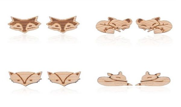 

handmade wood ear studs fox charm light weight stud earrings fashion jewelry party gift original color wood earrings3485385, Golden;silver