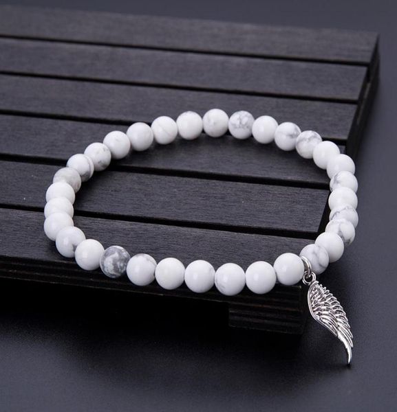 

charm bracelets minimalist 8mm natural white turquoise bracelet stone angel wing pendant beads braclet men women jewelry pulseras 7448416, Golden;silver