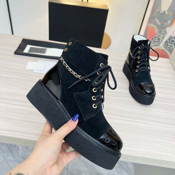 

designer women boots genuine leather chain thick bottom martin boot platform middle heel autumn and winter shoes size 35-40 with box, Black