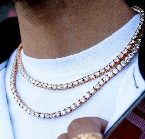 

women men hip hop tennis chain link 14k rose gold iced out round vvs 4mm moissanite tennis chain necklace, Silver