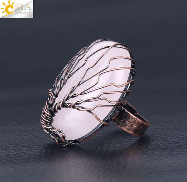 

6 colors vintage style handmade gemstone rings copper opal rose quartz single gem winding tree of life adjustable band ring fashio7706747, Silver