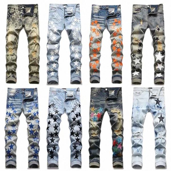 

men's designer skinny jeans summer fashion stretch sweatpants luxury skinny pants casual stars pattern oversized ripped pants amirs fas, Blue