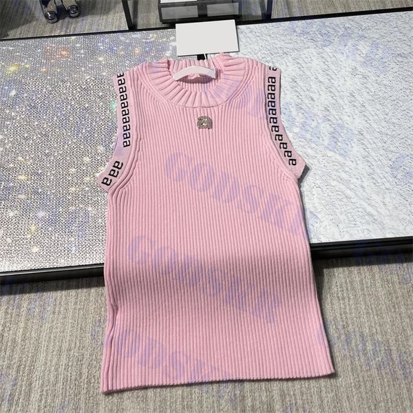 

designer pink tanks womens letter rhinestone t shirt ladies knitted camisoles sleeveless vests underwear three colors, Black;white