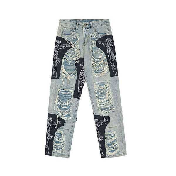 

stacked jeans men ripped jeans baggy men print harajuku pants slim trendyol men's fashion hip hop trousers y2k man grunge streetwear st, Blue