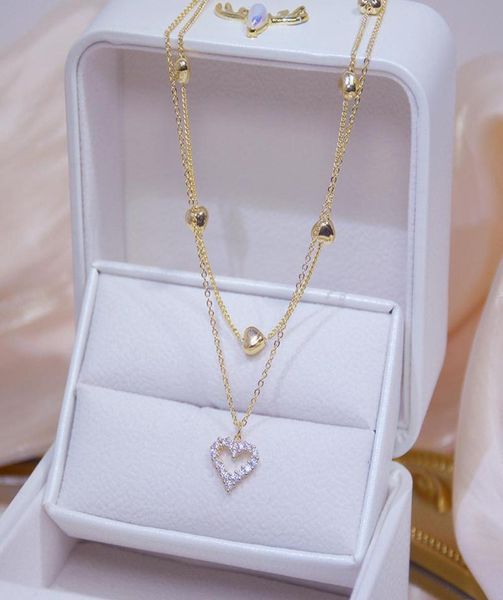 

14k real gold double layer heart necklace shining bling zircon women clavicle chain elegant charm wedding pendant jewelry chains8572750, Silver