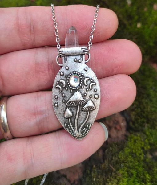 

pendant necklaces crystal quartz witch crescent moon triple mushroom forrest occult pagan jewelry for womenpendant9174854, Silver