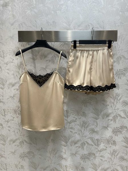 

23ss women shorts sets womens designer clothing casual suit contrasting lace patchwork crepe satin sling elastic shorts set women clothes, White