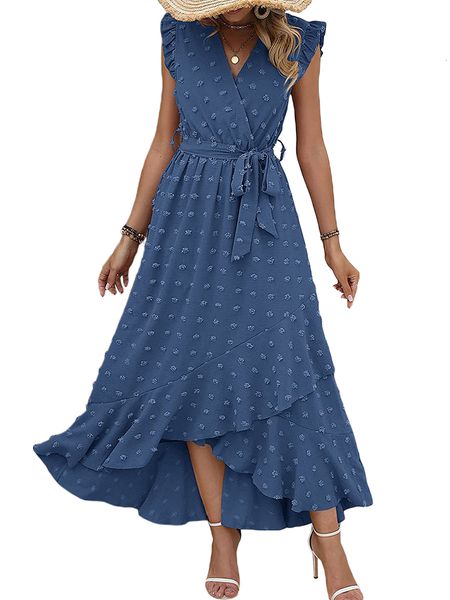 

basic casual dresse summer holiday long dress swiss dot vneck fly sleeve ruffles irregular flowy fashion party beach with belt 230625, Black;gray