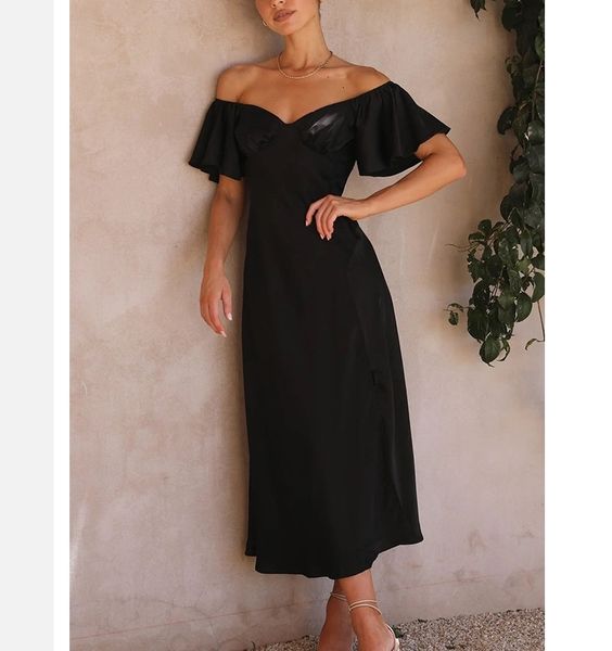 

basic casual dresses 2023 casual women's pure color satin shortsleeved oneword collar pleated dress 230625, Black;gray