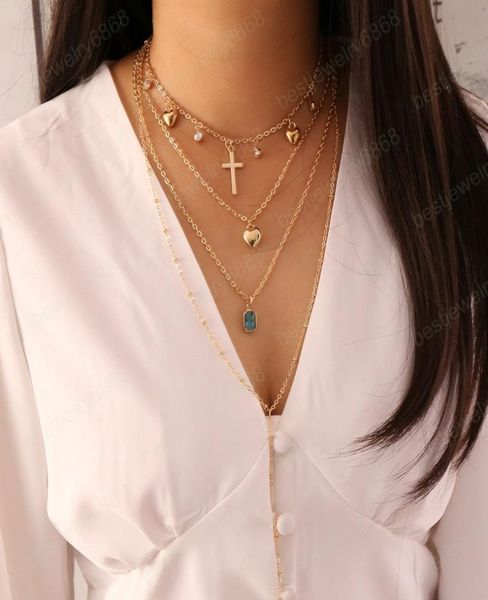 

europe fashion jewelry women039s cross necklace heart beads cross pendant multilayer chains ladies necklace2302456, Silver
