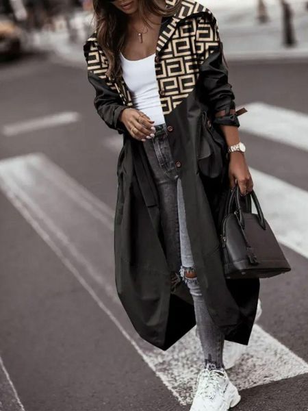 

fur allmatch coat women korean fashion 2022 fall single breasted pocket design belted hem trench coat oversize jacket, Black