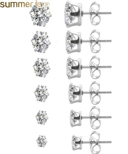 

3mm8mm round clear cubic zirconia stud earring for women girls silver gold rose gold plated wedding earrings stainless steel jewe4840991, Golden;silver
