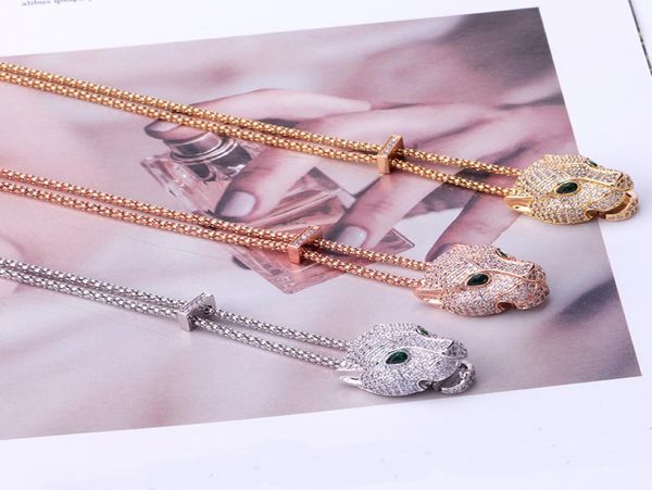 

europe america fashion lady brass full diamond green eyes zircon leopard head 18k gold wedding engagement thick necklaces pendant 8846576, Silver