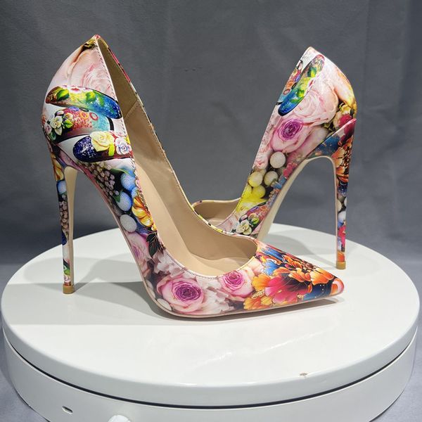 

graffiti colorful flowers print women pumps high heels females pointed casual shoes women street style big size 33-45, Black