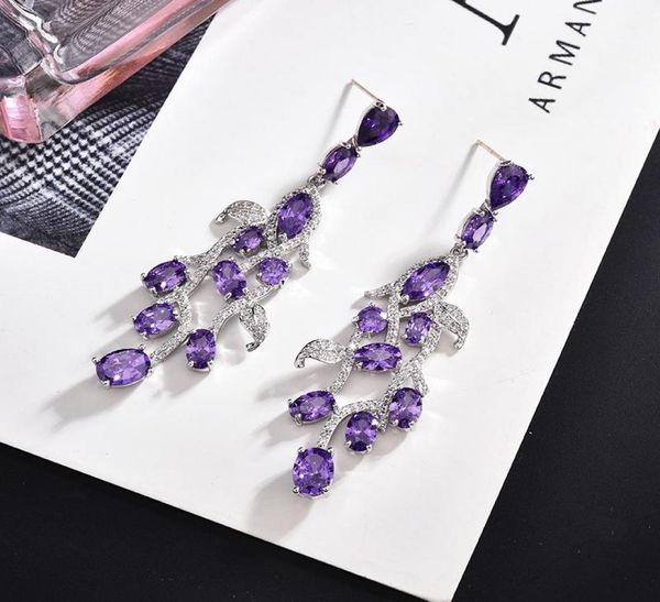 

purple crystal leaves earrings for women new luxury wedding jewelry silver long pendnat earring 7930593