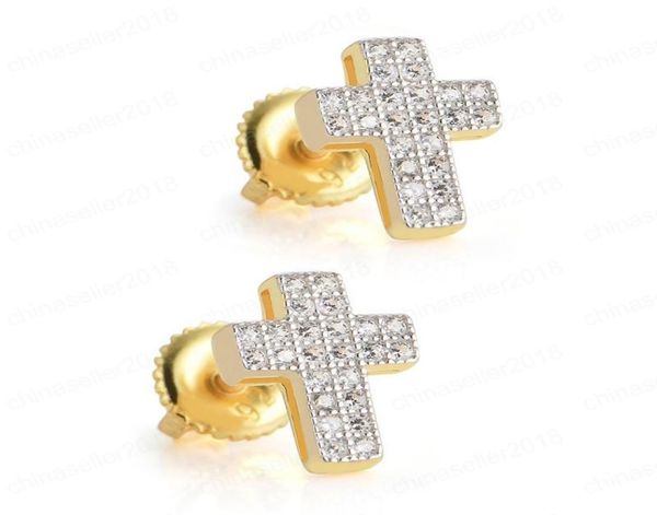 

925 sterling silver yellow gold plated hip hop earrings for men bling iced out cz cross stud earring with screw back jewelry9851308, Golden;silver