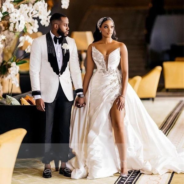 

plus size arabic aso ebi crystals wedding dress high split pleat mermaid bridal gown sweetheart satin bride dress with detachable train, White