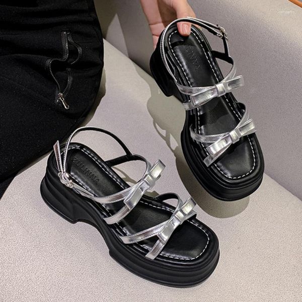 

sandals thick soled raised bowknot women's summer versatile high heel slim strap open toe roman female zapatos, Black