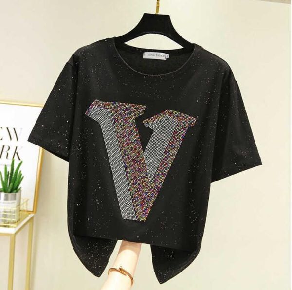 

cotton t shirt women short sleeve shiny diamond summer fashion t-shirt woman clothes tshirt tee shirt femme 210604, White