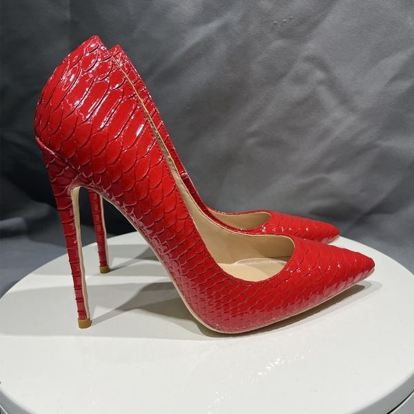 

shiny snakeskin leather women pumps2023 12cm/10cm/8cm stiletto high heels pointy toe party shoes woman size 43 44 45, Black