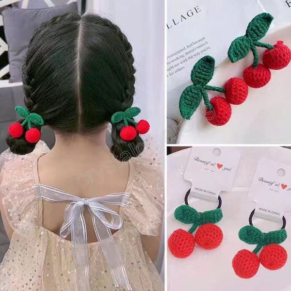 

children cute cherry headdress knitted red cherry hair clip hair tie kids girls hairpins elastic hair bands hair accessories, Slivery;white