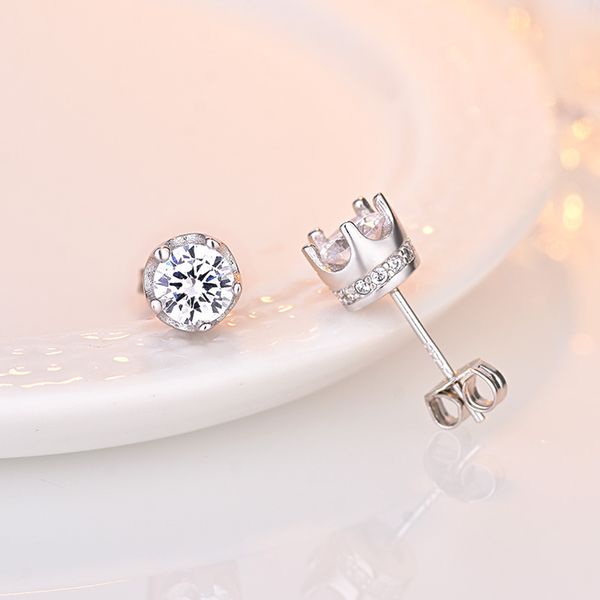 

plated 18k platinum crown stud earrings female fashion temperament purple diamond stud earrings shiny crystal earrings simple student stud l, Golden;silver