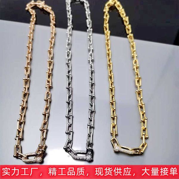 

brand original tiffay horseshoe double ring full diamond bamboo necklace with u-shaped interlocking buckle for men and women lovers titanium, Silver
