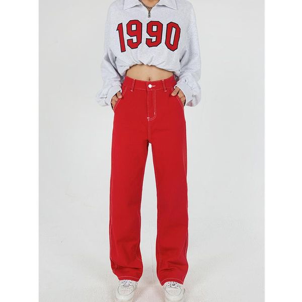 

jeans plus size red high waist women's jeans wide leg baggy chic design denim pants streetwear vintage summer straight jean trouser, Blue